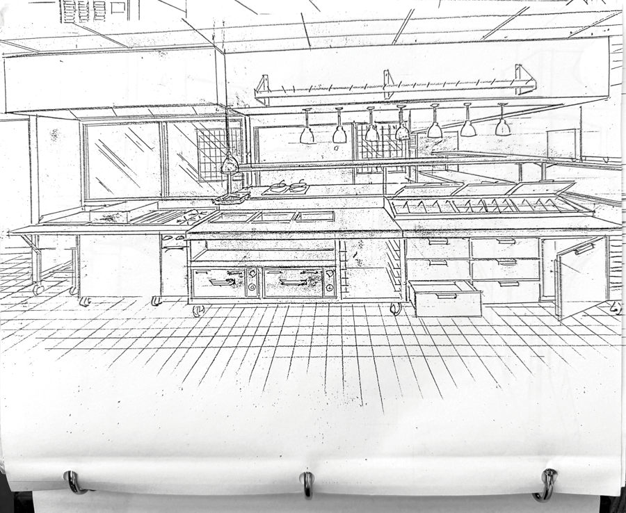 Sketch by Bill Carlisle, shows the Lucky 32 cook line pick-up window.